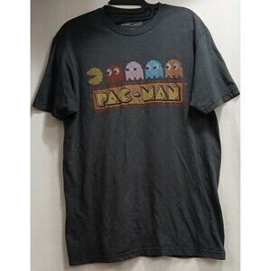 Pac-Man Graphic Print T-Shirt Men's Medium Gray Short Sleeve Cotton Poly Note